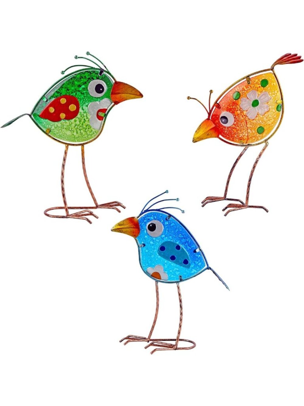 Charming Outdoor Garden Decor - Metal Bird Glass Statues, Lawn Ornaments Set of